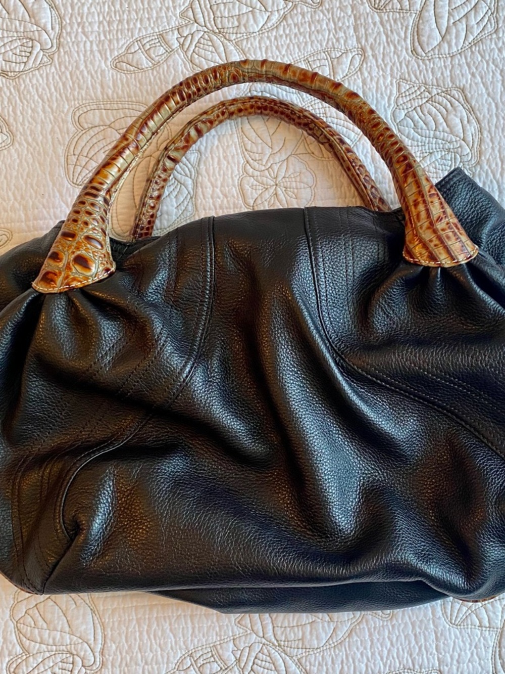 Fendi Black Leather Shoulder Bag with Brown Croc-Embossed Trim - Picture 2 of 6